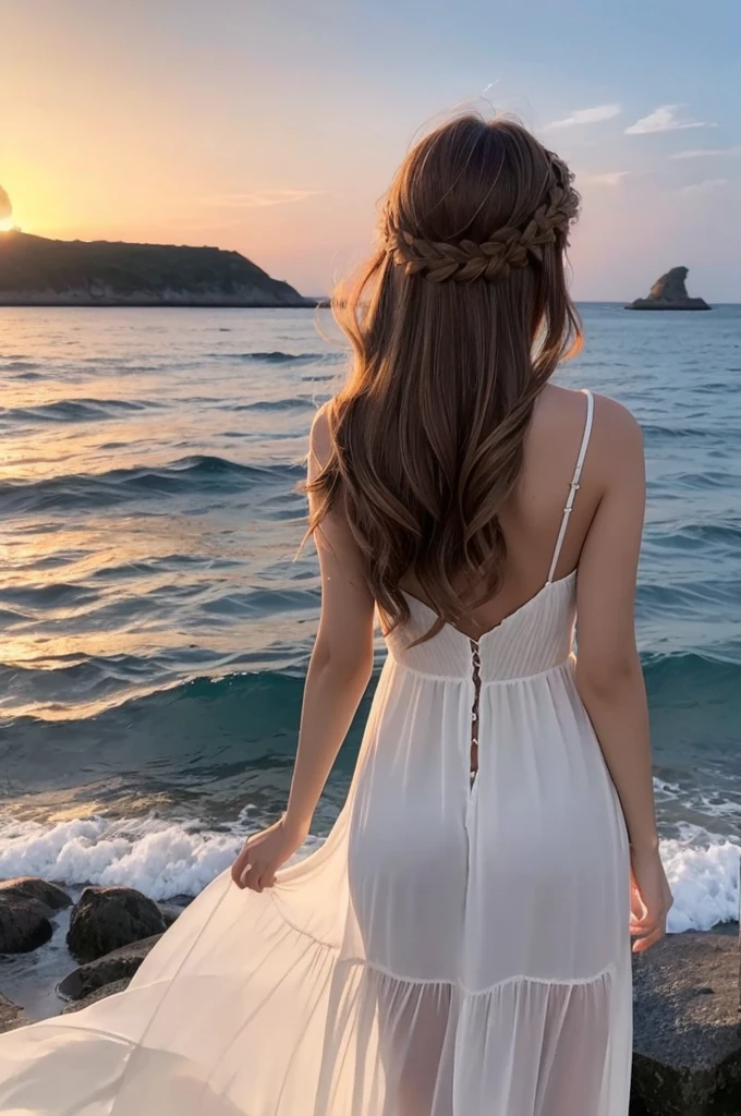 Sunset sea, back view, light brown hair, long wavy hair, white dress 