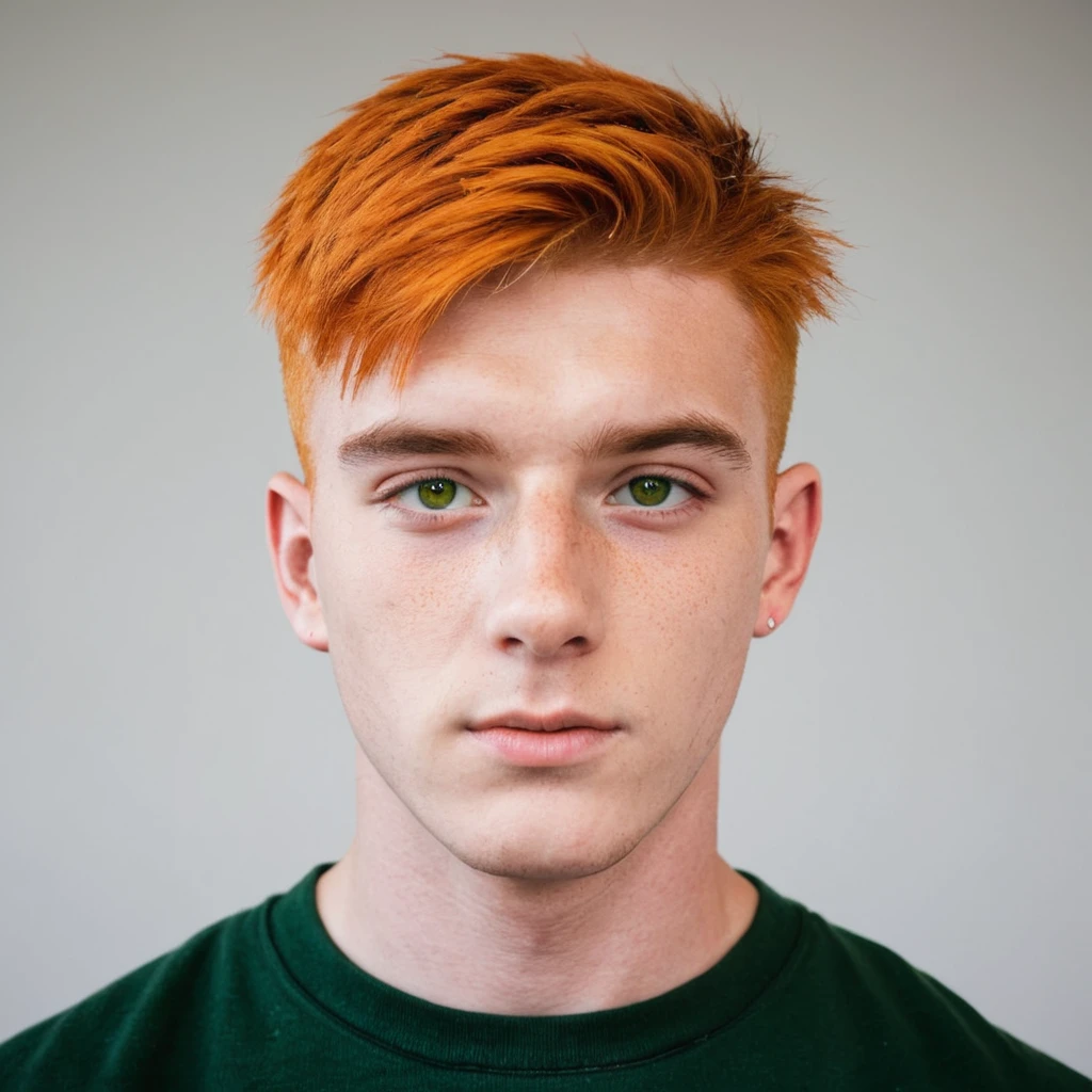 Handsome Scottish guy, orange hair, green eyes, short hair, buzzcut hair, 23 years old student, eye patch