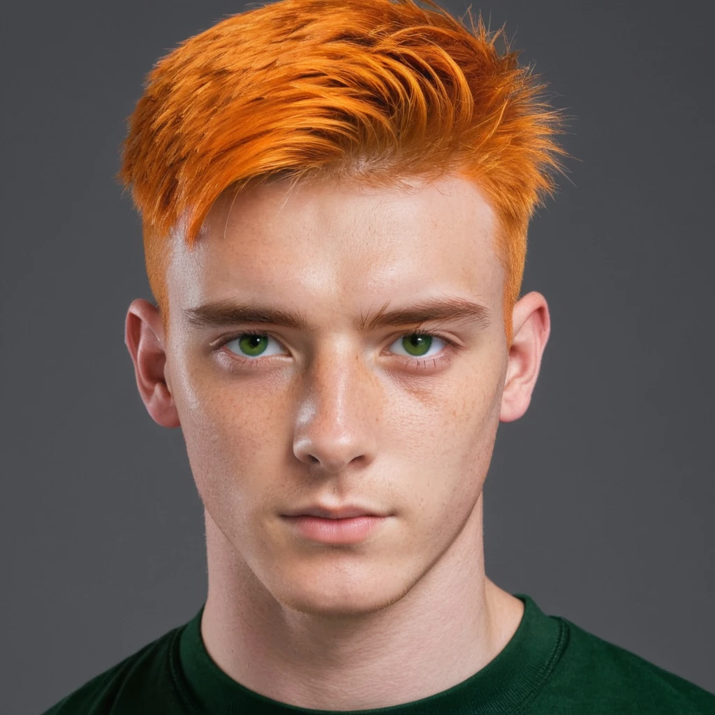 Handsome Scottish guy, orange hair, green eyes, short hair, buzzcut hair, 23 years old student, eye patch