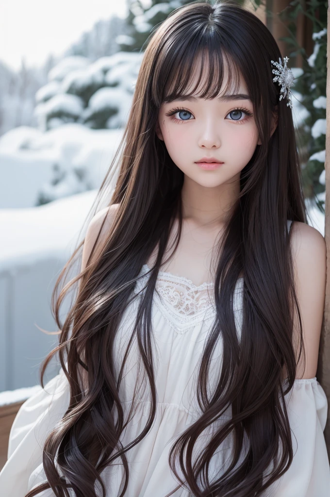 Raise a young woman aged 15, She has eyes as clear as snow and long, slightly wavy hair.