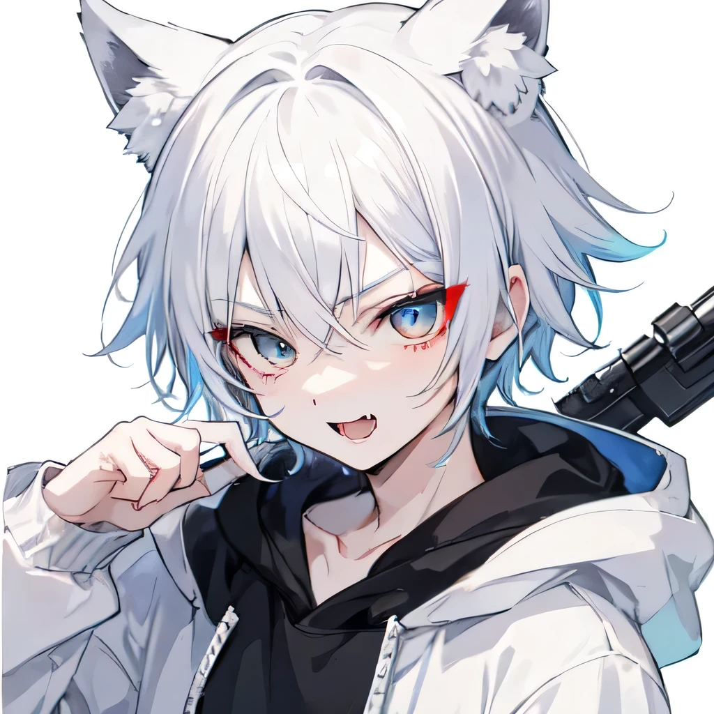 1Boy, Boyish, Catboy, Fangs Showing, Ultra-detailed Ice-colored Dragon Eyes, Eye-focus, Snow-White Hair, Head Shot, Cute Expression, Tight Hoodie, 1 Gun, Smug Face, Plain Background