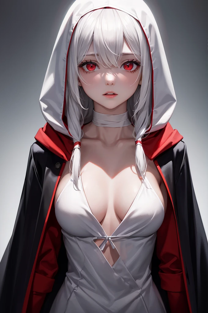 1girl, red_eyes, breasts, hood, bandages, solo, looking_at_viewer, bandaged_neck, cloak, white_hair, upper_body, red_cloak, bandaged_head, hooded_cloak, collarbone, medium_breasts, glowing_eyes, lips, glowing, parted_lips, blood, hood_up, open_clothes, long_hair