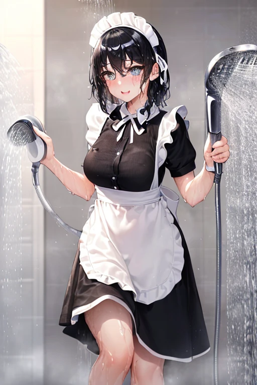 (Super best quality:1.6), (Highest quality:1.4), (Attention to detail:1.4), (Ultra-high resolution:1.6), (Detailed face:1.4), (Detailed eyes:1,4), Sparkling eyes, Bright Face, Looks fun, cute, The best smile, Small breasts, Best Anatomy, (Maid clothes, White apron, Headband, Black Dress, Big ribbon, Maid clothes, Classic, Long:1.4), (白と黒のMaid clothes), (Bathing fully clothed:1.6), (Soaked from head to toe:1.6), 全身showerを浴びてるメイド, (Soaked from head to toe), (shower:1.6), Bathroom, Are standing, (衣服からWater Drop:1.6), (Water Drop:1.4), 