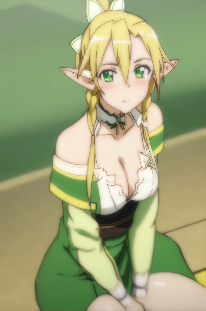 leafa, anime art style, 1girl, solo, long_hair, breasts, blonde_hair, cleavage, medium_breasts, green_eyes, upper_body, ponytail, braid, choker, pointy_ears, twin_braids, elf, side_braid, blush, shiny skin, cleavage, masterpiece, from above, looking at viewer, downblouse, sitting at bench