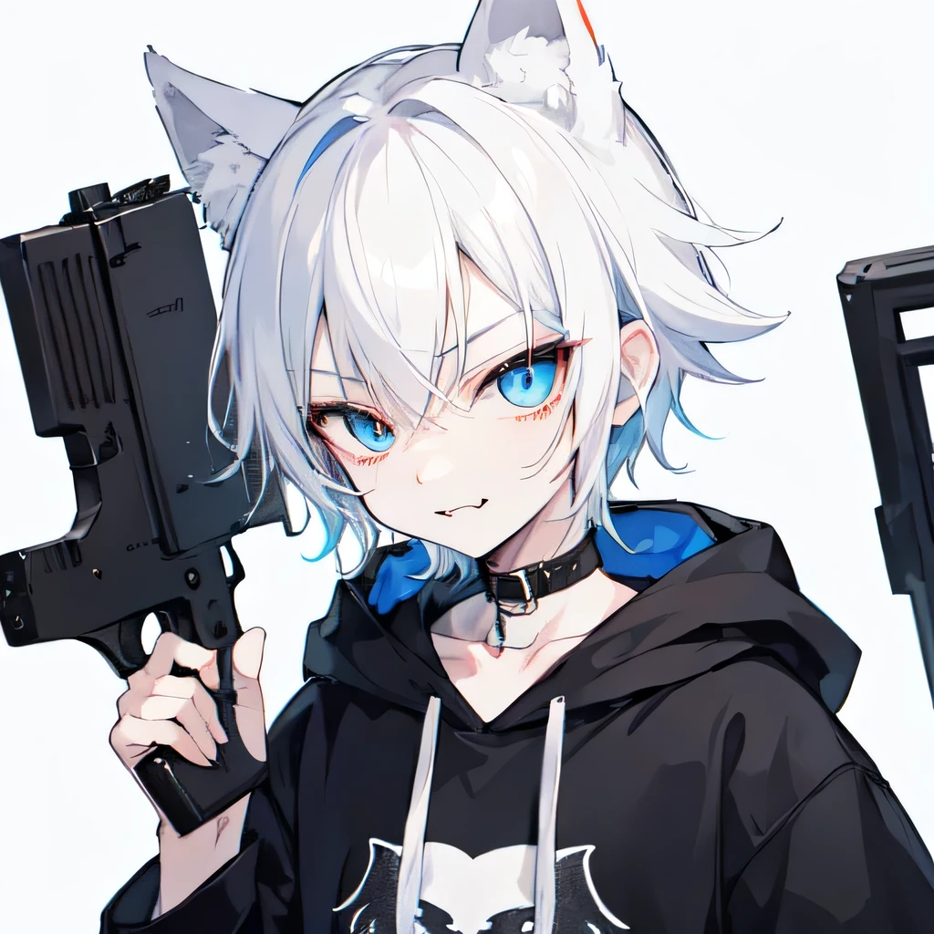 1Boy, Boyish, Catboy, Fangs Showing, Ultra-detailed Ice-colored Dragon Eyes, Eye-focus, Snow-White Hair, Head Shot, Cute Expression, Tight Hoodie, 2 gun, Smug face, Plain Background