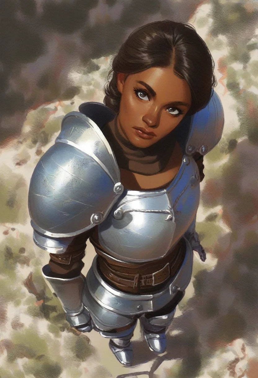 score_9, score_8_above, score_7_above, score_6_above, score_5_above, score_4_above,woman in armor standing in a battlefield,armor,Dark skin,medieval,Fancy,Focus only,epic