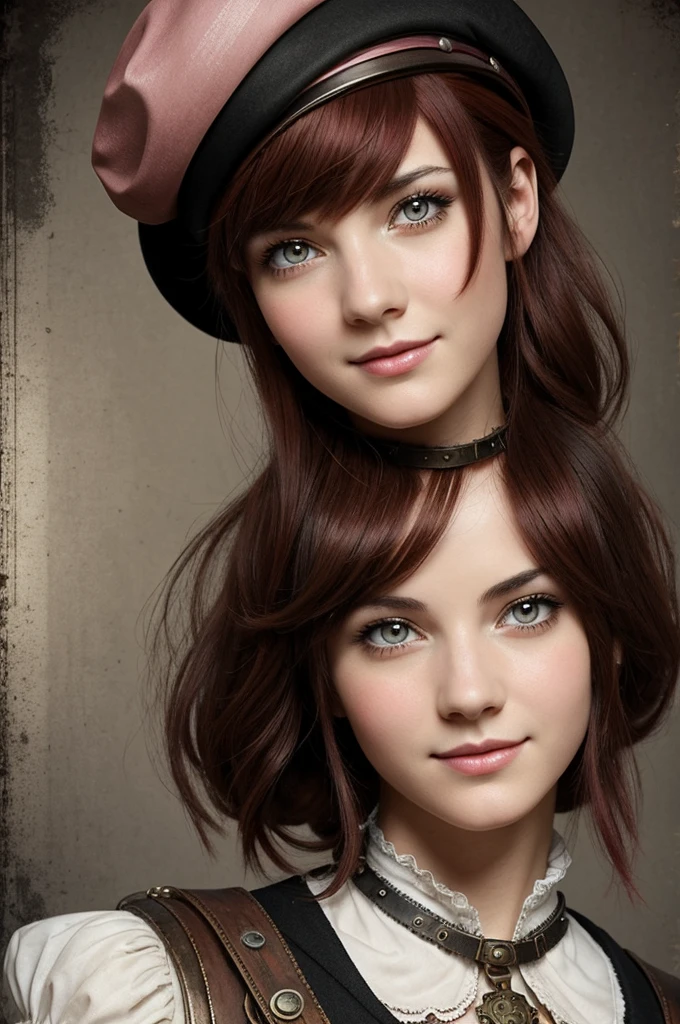 Create a steampunk themed illustration of a young woman, with short, dark red hair with bangs and striking pink eyes and a tender smile. She should be dressed in a steampunk-themed outfit, including a black and white horizontally striped shirt and a black beret. The art style should emulate an antique painting, emphasizing the character's delicate features and expressive eyes