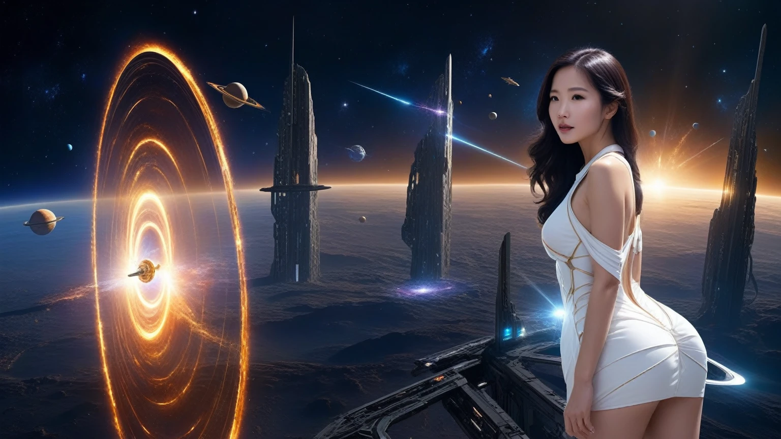 dark space of the universe, large artificial high-tech ring gate flies through space and time, flying sci-fi vehicle, cosmic light and the ancient energy of the Universe burst out from the depths of these gates and transport the viewer to other worlds, where it's light and cozy, sci-fi. (((1girl, solo, alone))), large-breast:1.2 slim body, cleavage:1.1, sexy elegant miniskirt, (((headphone, black sunglasses, standing and holding pistol pose))), (((half-body thigh level medium shot))), cinematic lighting, lens flare, ray tracing.