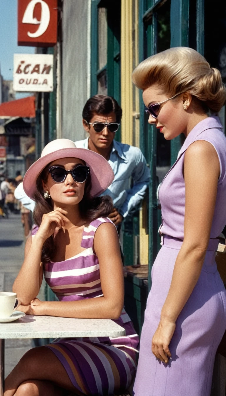 Nostalgic photo of 1960s. Photo of a bustling urban street scene with four individuals in the foreground. The first individual on the left is a male wearing a dark suit with a light-colored shirt, and his hair is short, standing, facing to the right. Next to him is a female with long, straight red hair, wearing an vibrant retro colors striped sleeveless dress that reaches mid-thigh with a sunglasses, she is looking at the man. The third figure is another female seated at an outdoor café table, facing the man, dressed in light pink attire consisting of a buttoned-up suit and trousers; she dons a purple hat with dark hair. The fourth figure is also female, sitting and facing away from the camera, she is looking at the man, sporting sleeveless dress with horizontal stripes in shades of yellow and brown that also reaches mid-thigh. They are all on a sidewalk by shops with visible signage such as “MARKS SHOP” in the background. There’s also part of a motorcycle visible on the left side of the frame. The lighting suggests daylight conditions with natural sunlight casting soft shadows on the figures and surroundings of 1969s. The camera angle is at eye level capturing this candid moment from medium distance.