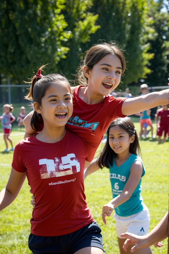 Create a highly realistic scene set in a bustling sports center in Italy. The focus is on two Italian sisters, one 13 years old and the other 8 years old, surrounded by a group of younger children. They are all dressed in colorful T-shirts and shorts, reflecting their energetic and joyful mood.
close-up on the sisters. The 13-year-old teenager stands confidently in the center. She has shoulder length brown hair tied in a ponytail and wears a bright red t-shirt tied under her small breasts showing her midriff and blue shorts. Her face is lit up with a warm smile as she interacts with the children around her, radiating a sense of enthusiasm and camaraderie.
Hugging her is her 8-year-old sister, who looks a lot like her older sister but is shorter and has a smaller build. She has long wavy brown hair tied with a ribbon and is wearing a matching red t-shirt and blue shorts. Her expression mirrors her older sister's joy and excitement as she interacts with the other children.
Surrounding them are children aged between 5 and 10, each wearing T-shirts and shorts in various bright colors such as yellow, green, blue and orange. Their expressions are full of happiness and excitement as they interact with each other and the two sisters. Some children indicate their availability for fun activities.
In the background is the lively setting of the sports center: an open field with freshly cut grass, a running track and various sports facilities such as basketball courts and a football field. Some trees and benches are scattered here and there, offering places of shade and rest. The sky is clear and blue, with the sun shining brightly, casting a warm light over the entire scene.
This scene captures the energetic and playful atmosphere of the sports centre, with the 13- and 8-year-old sisters at the center of the joyful group, creating a sense of unity and fun among the children. The vibrant colors of their outfits and lively interactions reflect the spirit of a summer day ful