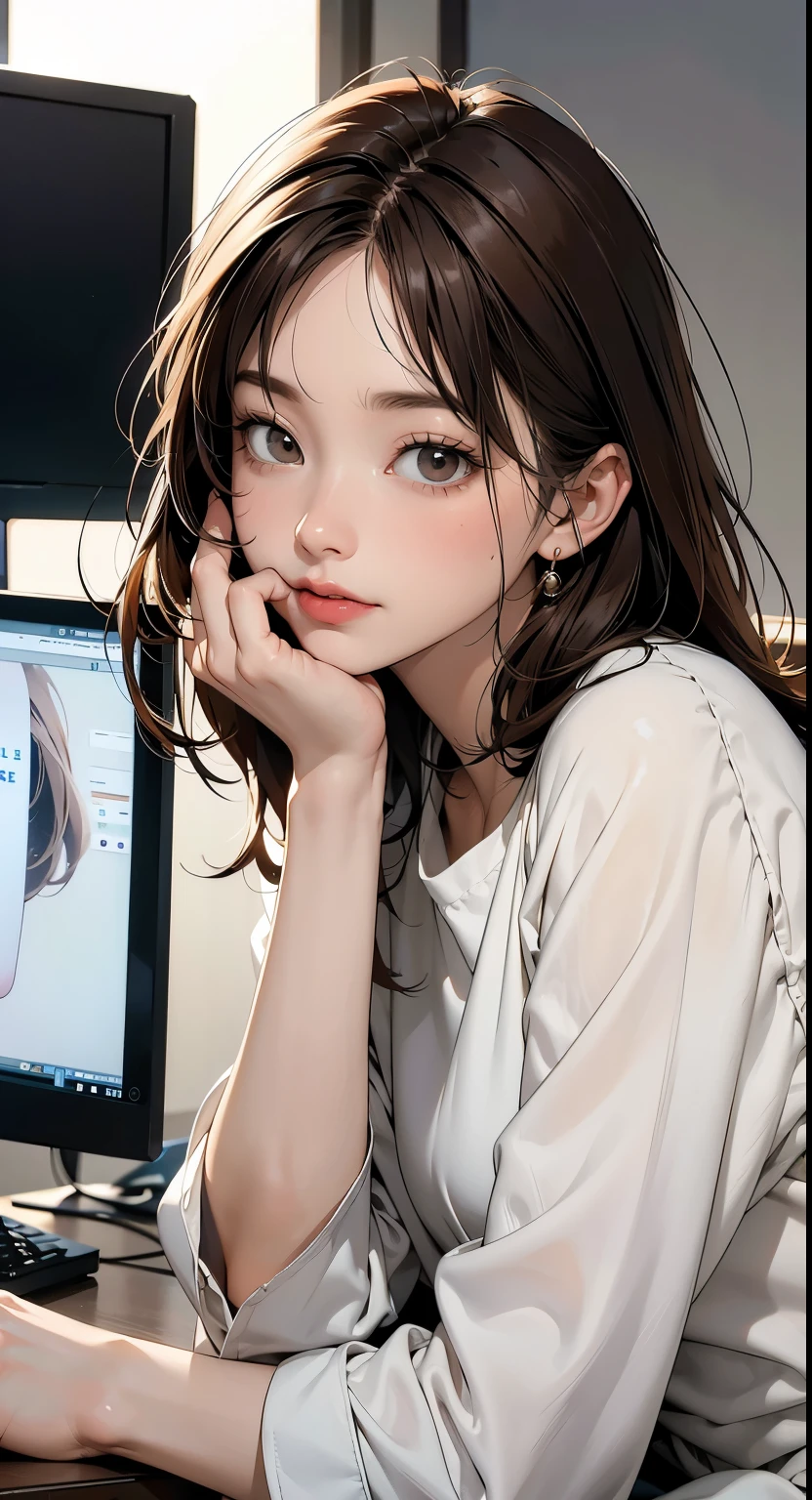 An anime girl is typing on a computer screen, Close up to the face , Capture moments of candidness, lightwave, plethora of colors, Animate