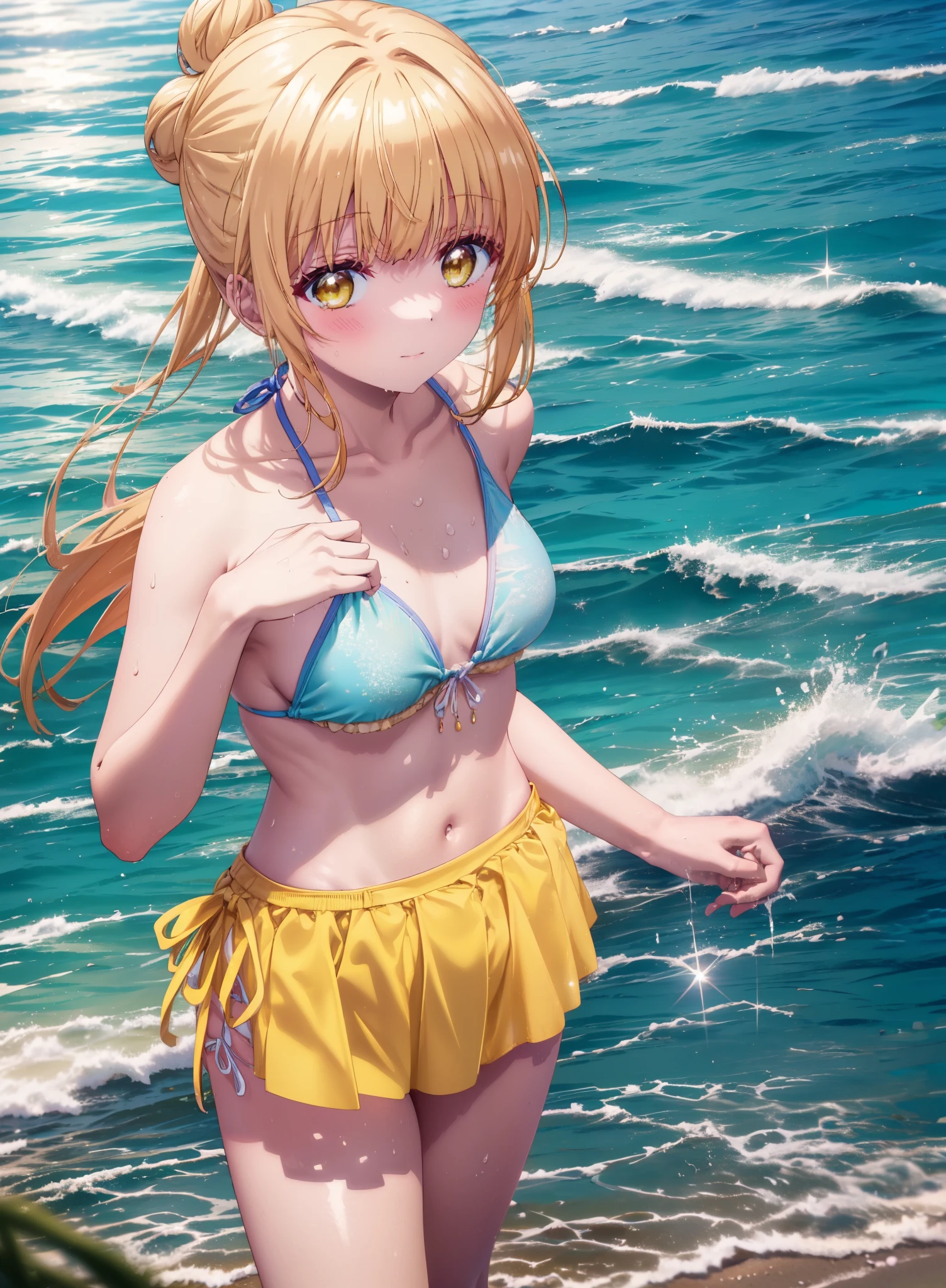 mahirushiina, Mahiru Shiina, Long Hair, bangs, Blonde, Brown Hair, (Yellow Eyes:1.3), smile,blush,Hair Bun, double  Hair Bun,Yellow bikini swimsuit,barefoot,Water Play,Ocean,Sandy Beach,whole bodyがイラストに入るように,Wet Hair,Wet Skin,Wet swimsuit,
break outdoors, Beach,
break looking at viewer, whole body,(Cowboy Shot:1. 5)
break (masterpiece:1.2), Highest quality, High resolution, unity 8k wallpaper, (figure:0.8), (Beautiful attention to detail:1.6), Highly detailed face, Perfect lighting, Highly detailed CG, (Perfect hands, Perfect Anatomy),