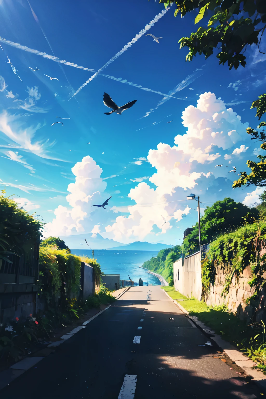 Blue sky，White Cloud，birds in the distance，Sea，Great prospects，Vision，A woman walks along the path towards the Sea，A bird flies overhead，The road is lined with green plants