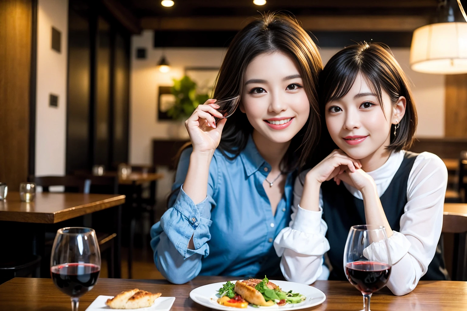((Highest quality、8k、masterpiece:1.3))、Shortcuts、cute、slimカップル、modelカップル、actress男優、(Realistic, Intricate details:1.2), full-course dinner、Wine Party、Amazing view of the sunset sky and clouds、A bright smile、short hair,Bright Face、 (Age 45), 42 years old, red wine 、Appetizers、Italian food、Wine bottle、Champagne、sparkling wine、Two beauties、Brown Hair、Shortcuts、Long sleeve shirt、dress、Beautiful woman 1, (slimな顔), (The body is slim), (Brown Hair), (Shortcuts), cheeks turn a little red,Attractive beauty、restaurant, In a prominent place (From the waist up) Nova Frog Style, actress, model, Upper Body, White wine, slim, wine glass, 中央に置かれたwine glass, smile, (smile: 1.15), Beautiful fine grain, Depth f/2,saturation, High Contrast, Strong light and shadow,Moist Body:1.5、3D texture、Delicate eyes、Brown Hair、The hair is very shiny、