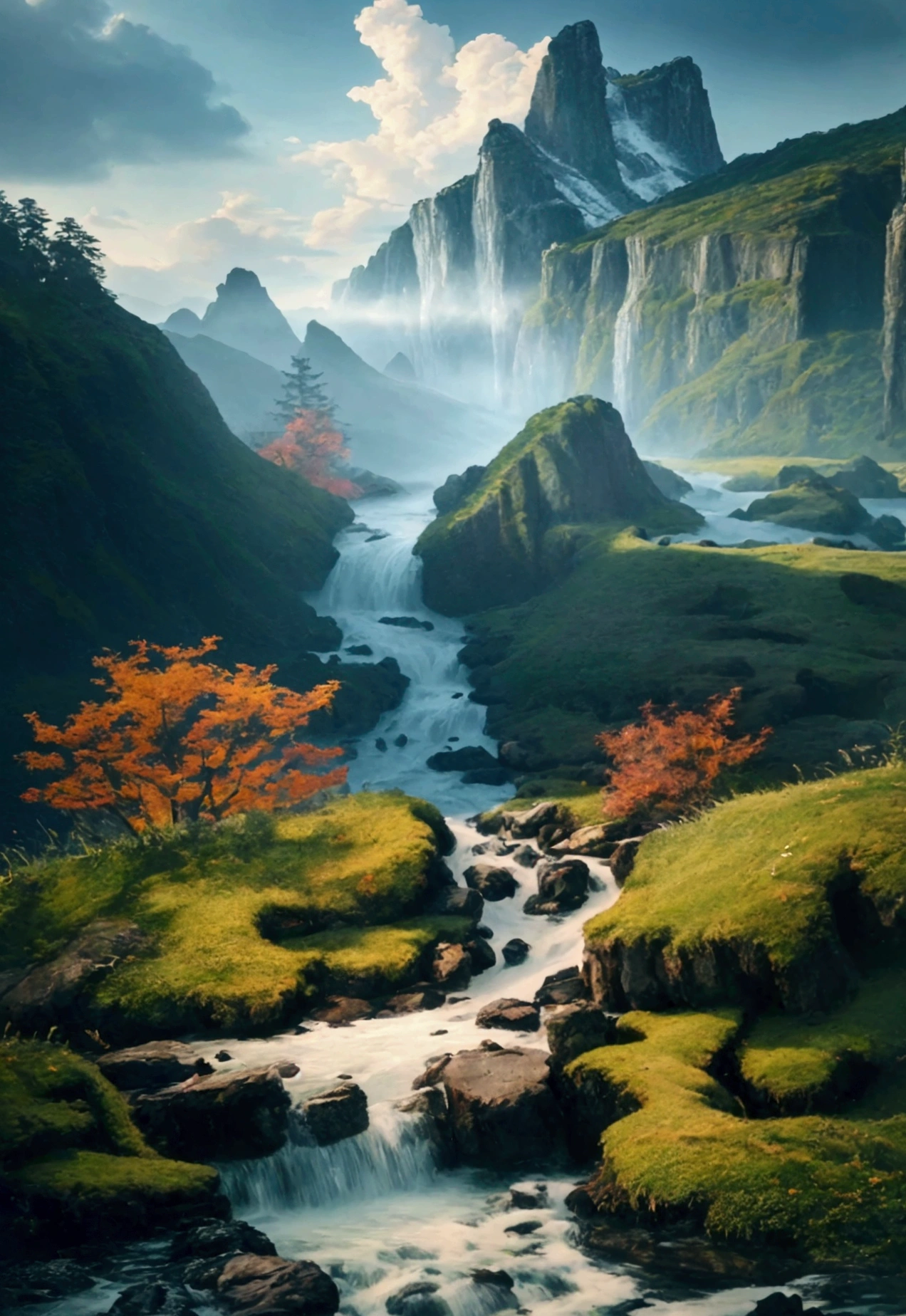a beautiful vista from the top of the lookout, flying islands and serpent dragons soaring in the distance, a beautiful painting and an image that conveys a sense of peace and harmony, a stream below in the highlands, (best quality,4k,8k,highres,masterpiece:1.2),ultra-detailed,(realistic,photorealistic,photo-realistic:1.37),digital art,landscape painting,fantasy landscape,serene,peaceful,idyllic,dramatic lighting,vibrant colors,glowing skies,intricate details,ethereal atmosphere,mystical elements,flowing water,lush foliage