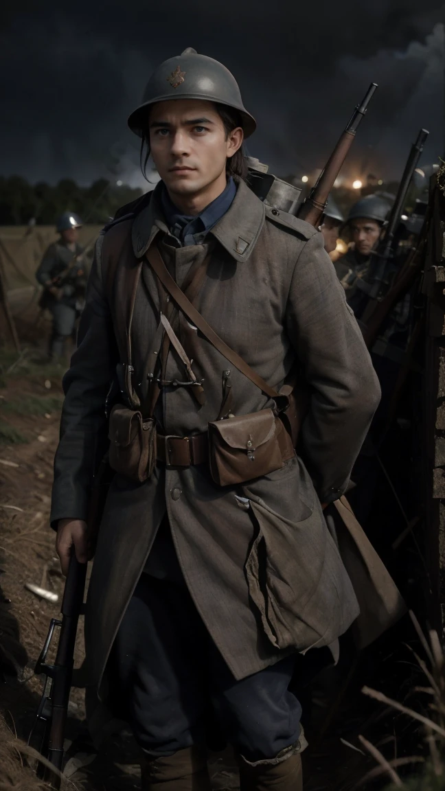 (masterpiece), best quality, expressive eyes, perfect face, All quiet on western Front, man, trenches, dirty, uniform, realistic, HD, Rifle, Orlando Bloom, big bag, French regiment, France, defending position, pov, Far view, shot, shooting, fighting, aiming gun, rains, Somme battlefield, waiting, nighttime, ((artillery bombing) ), ((explosive)), panic, Fusiliers, Somme, nightmare