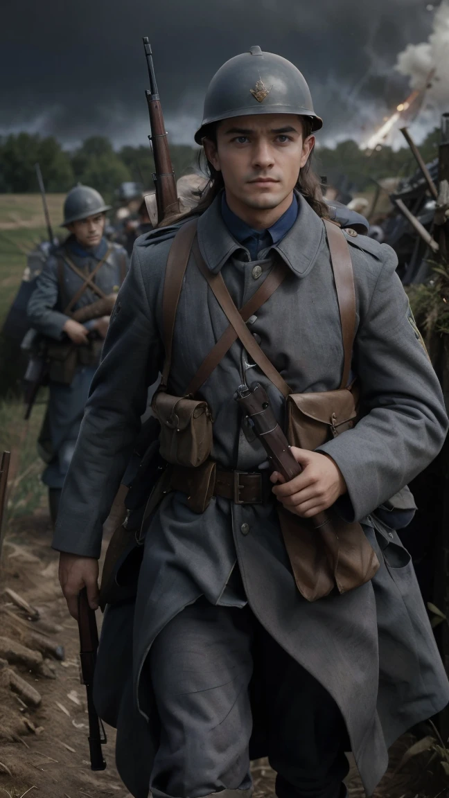 (masterpiece), best quality, expressive eyes, perfect face, All quiet on western Front, man, trenches, dirty, uniform, realistic, HD, Rifle, Orlando Bloom, big bag, French regiment, France, defending position, pov, Far view, shot, shooting, fighting, aiming gun, rains, Somme battlefield, waiting, nighttime, ((artillery bombing) ), ((explosive)), panic, Fusiliers, Somme, nightmare