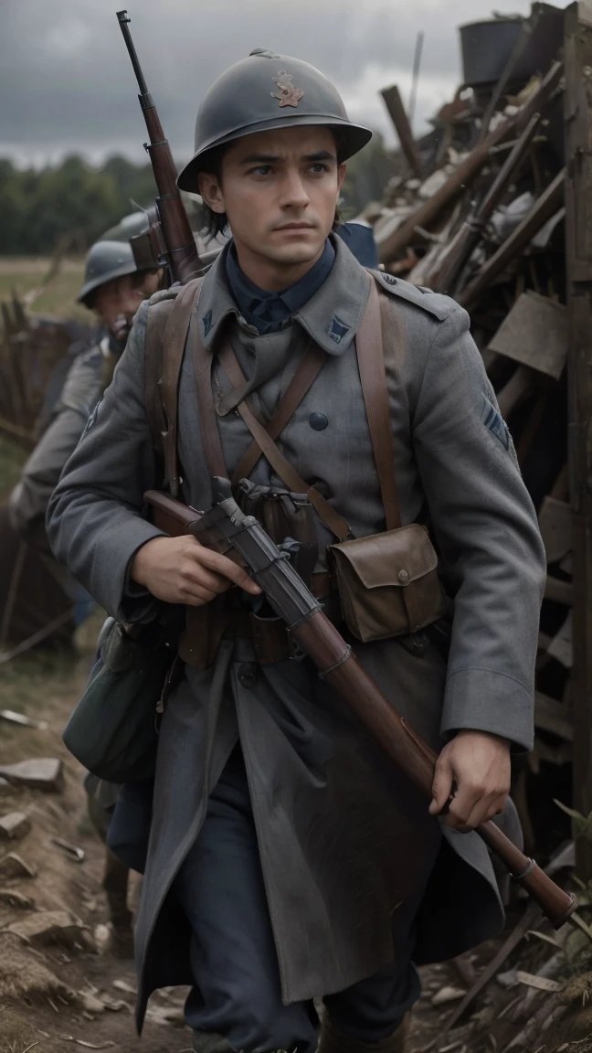 (masterpiece), best quality, expressive eyes, perfect face, All quiet on western Front, man, trenches, dirty, uniform, realistic, HD, Rifle, Orlando Bloom, big bag, French regiment, France, defending position, pov, Far view, shot, shooting, fighting, aiming gun, rains, Somme battlefield, waiting, nighttime, ((artillery bombing) ), ((explosive)), panic, Fusiliers, Somme, nightmare