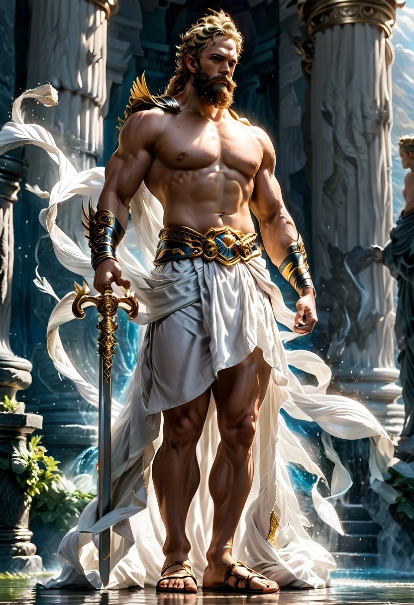 Zeus, Muscular, tall, bearded, thunderbolt, crown, toga, sandals, regal, commanding, divine