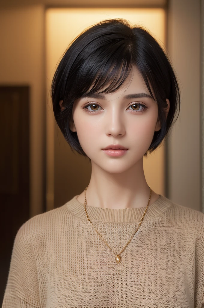 (masterpiece:1.3), (8k, Realistic, RAW Photos, Highest quality: 1.4), (One girl), Beautiful Face, (Realistic Face), (Black Hair, short hair:1.3), Beautiful hairstyle, Realistic eyes, Beautiful attention to detail, (Realistic Skin), Beautiful Skin, (sweater), Charm, Ultra-high resolution, Ultra-realistic, Very detailed, Golden Ratio