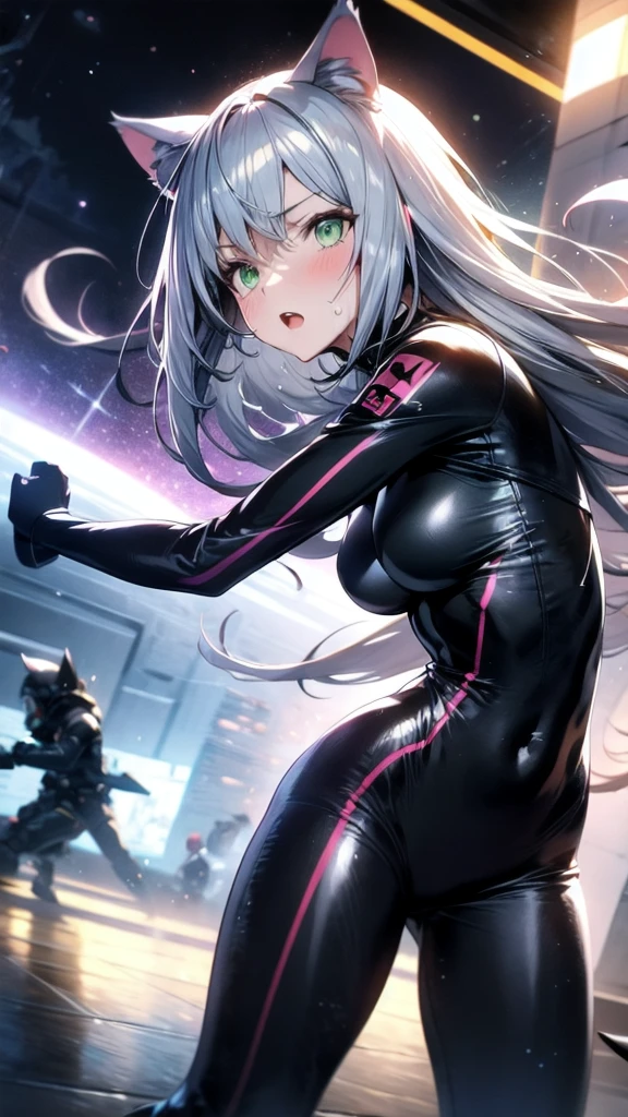 A silver-haired beautiful girl with cat ears eyes are green hair is silver and long clothes: a form-fitting black combat suit The fist is an afterimage The background is a city at night her is in a cat-like fighting pose The year is 14 years monitor, Dark Night, Sweat, Steam of Exhalation, Space, Battle, Dynamic Angle one girl