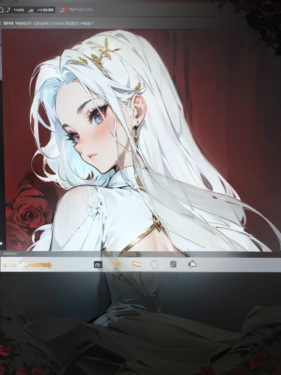 Add in roses to her dress, a good back dress design with some golden jewelry, make her dress into a red and white gown with a hat, give her some unique Jewelry, and make her look somewhat of a demonic angel like appearance to her