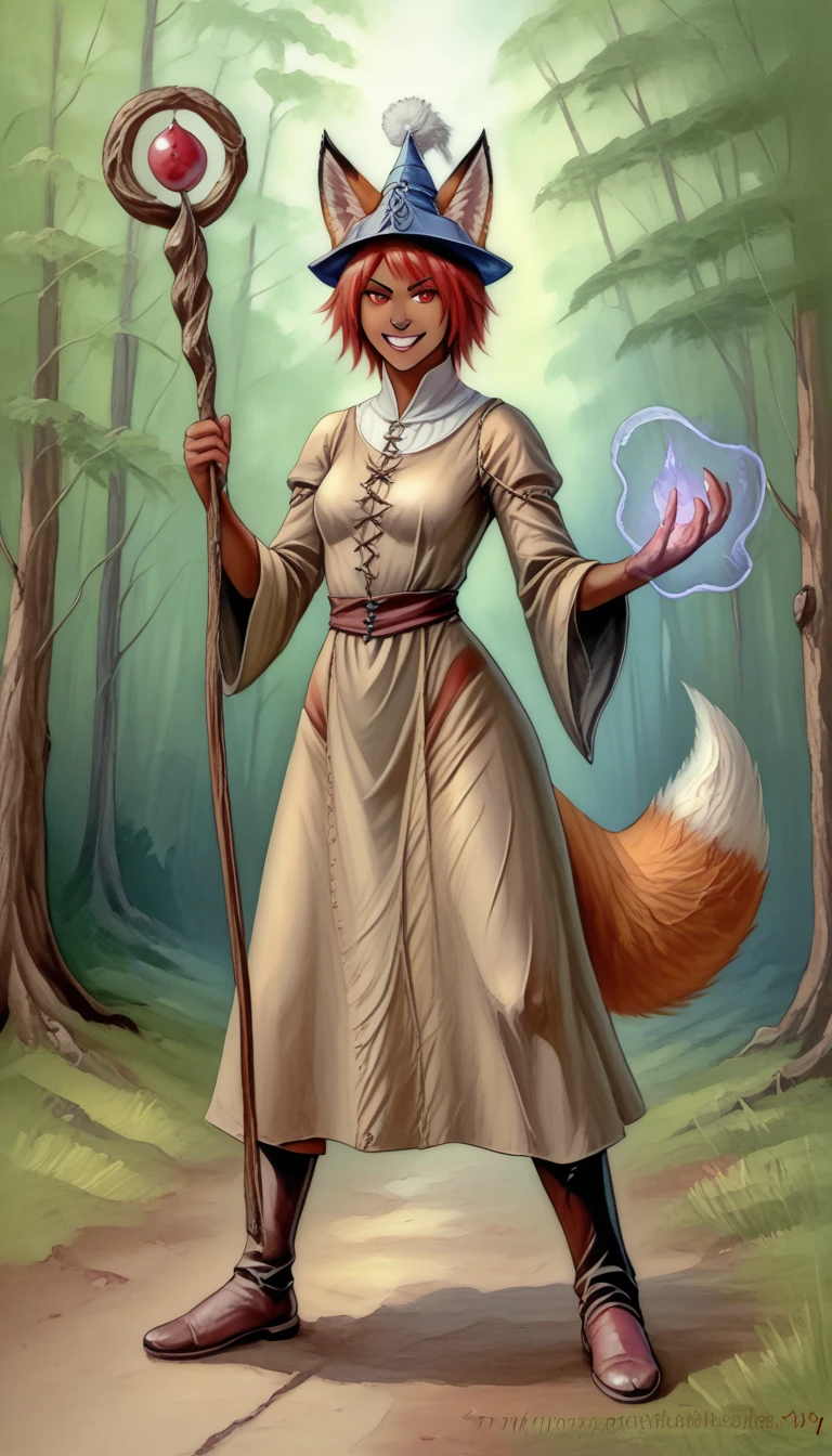 (zPDXL2), score_9_up, painterly, faux traditional media, realistic, BREAK
1girl, solo, fullbody, (fox:1.2), (short hair), red eyes, grin, (fox ears, fox tail), tanned skin, medieval, fantasy, sorcerer robe, sorcerer hat, holding magic staff, action pose, battlefield, forest background, BREAK
AissistXLv2, unaestheticXL_bp5, SimplePositiveXLv2, zPDXL2 PonyXLV6_Scores