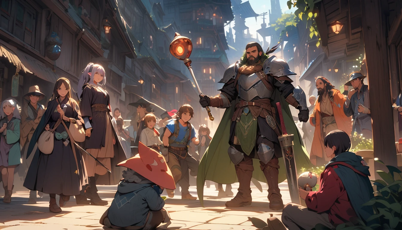 (masterpiece:1.4), (Highest quality:1.4), Very detailed, Complex, Very detailed, shape,Soft lighting, A bustling market in a magical city, More than one personで語り合う, Hopeful Face, smile, More than one person, Mixed gender, a group of adventurers, character from RPG games, (character: human, Fairy, Fairy, Dwarf, The Hobbit), (exterior: Swordsman Style, Shaman Style, Monk Style, Magician style), (belongings: Long sword, dagger, Holy Staff, Magic wand, shield, metal armor, Leather Armor), Perfectly accurate anatomical shape、All limbs intact、Perfect full finger, Colorful characters, A place to buy and sell mystical artifacts, Huge, Majestic, Uplifting expressions, みんなのsmileが素晴らしい.