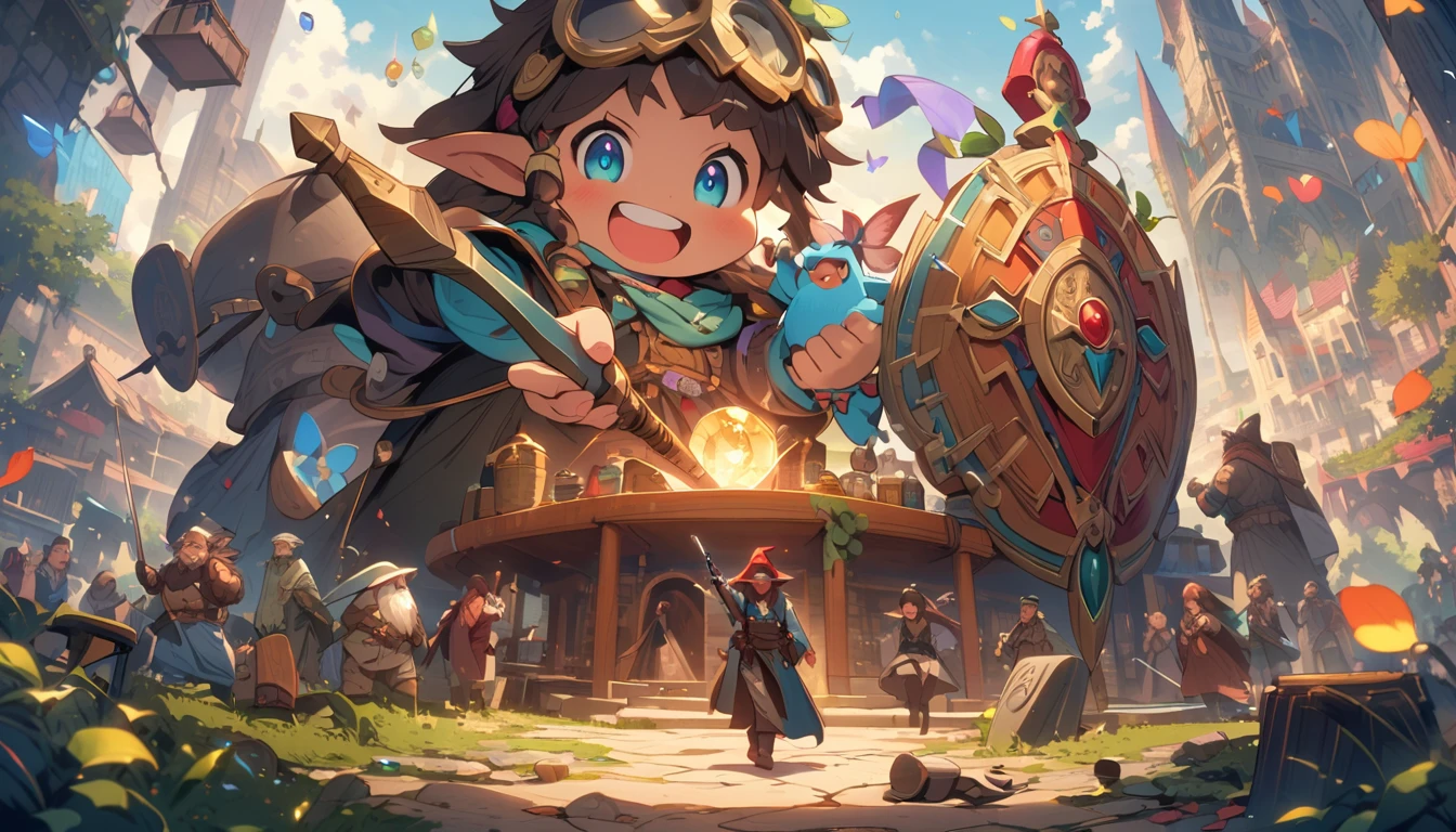 (masterpiece:1.4), (Highest quality:1.4), Very detailed, Complex, Very detailed, shape,Soft lighting, A bustling market in a magical city, More than one personで語り合う, Hopeful Face, smile, More than one person, Mixed gender, a group of adventurers, character from RPG games, (character: human, Fairy, Fairy, Dwarf, The Hobbit), (exterior: Swordsman Style, Shaman Style, Monk Style, Magician style), (belongings: Long sword, dagger, Holy Staff, Magic wand, shield, metal armor, Leather Armor), Perfectly accurate anatomical shape、All limbs intact、Perfect full finger, Colorful characters, A place to buy and sell mystical artifacts, Huge, Majestic, Uplifting expressions, みんなのsmileが素晴らしい.