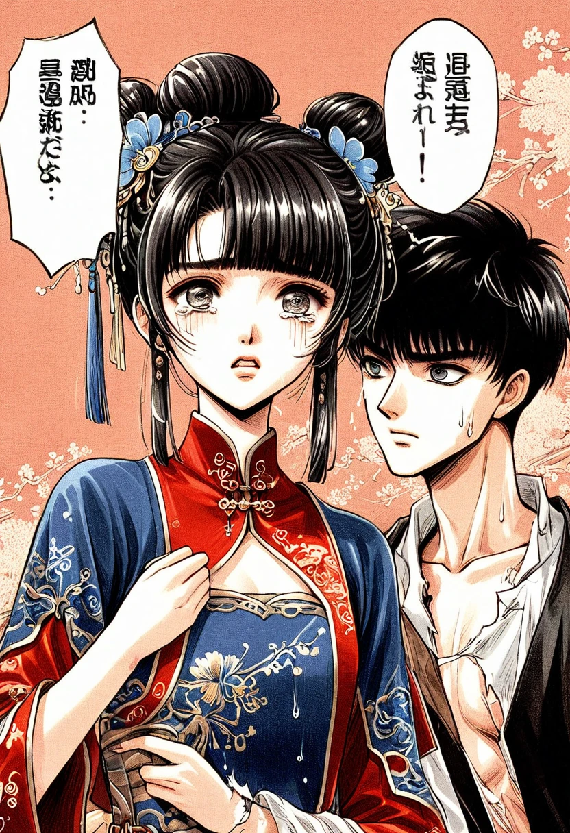 Period drama manga style A 15-year-old super beautiful Chinese girl with black hair in a bun cut(1 person) She is wearing a royal long-sleeved Chinese dress She cries after the man forcefully ripped her clothes off and raped her.