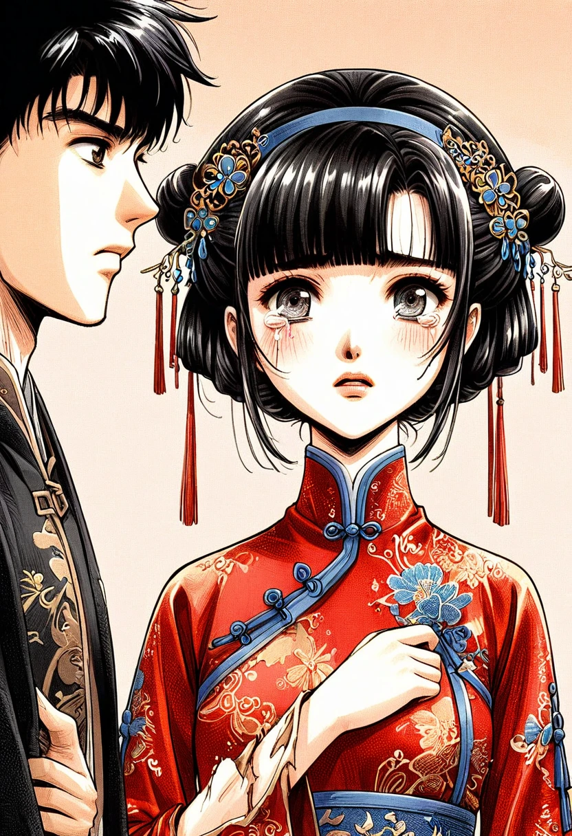 Period drama manga style A 15-year-old super beautiful Chinese girl with black hair in a bun cut(1 person) She is wearing a royal long-sleeved Chinese dress She cries after the man forcefully ripped her clothes off and raped her.