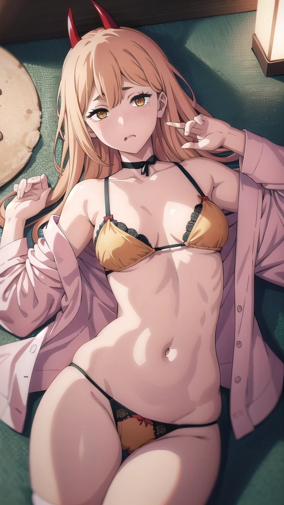 BREAK (masterpiece:1.2), best quality, high resolution, unity 8k wallpaper, (illustration:0.8), (beautiful detailed eyes:1.6), extremely detailed face, perfect lighting, extremely detailed CG, (perfect hands, perfect anatomy),onsen,hot springs,night,outdoor,moon,starfall,power_csm
blonde hair, yellow eyes, cross-shaped pupils, symbol-shaped pupils, red horns, sharp teeth,japanese dress,yukata,bathrobe,kimano,cleavege,neckline,choker,no bra,nipples,lie on back, showing panties, camel toe,wet panties, luxury panties,dexy lingerie,from above,horny face,stockings.
