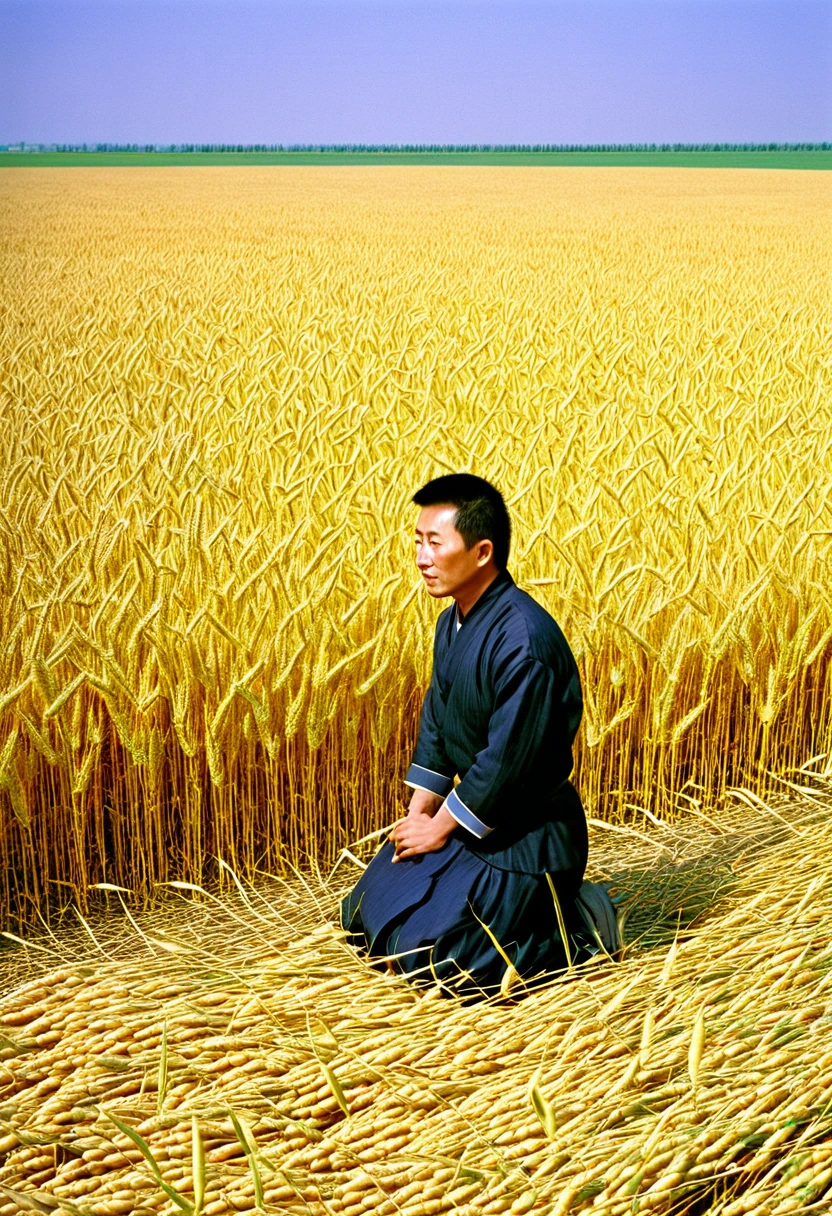 arafed image of a man kneeling in a field of wheat, in a wheat field, sitting in a field, by Li Mei-shu, on the vast wheat fields, by Ju Lian, beautiful artwork, breathtaking art, in field high resolution, in a field, by Igor Grabar, bright sunny day, sunday afternoon, beautiful art