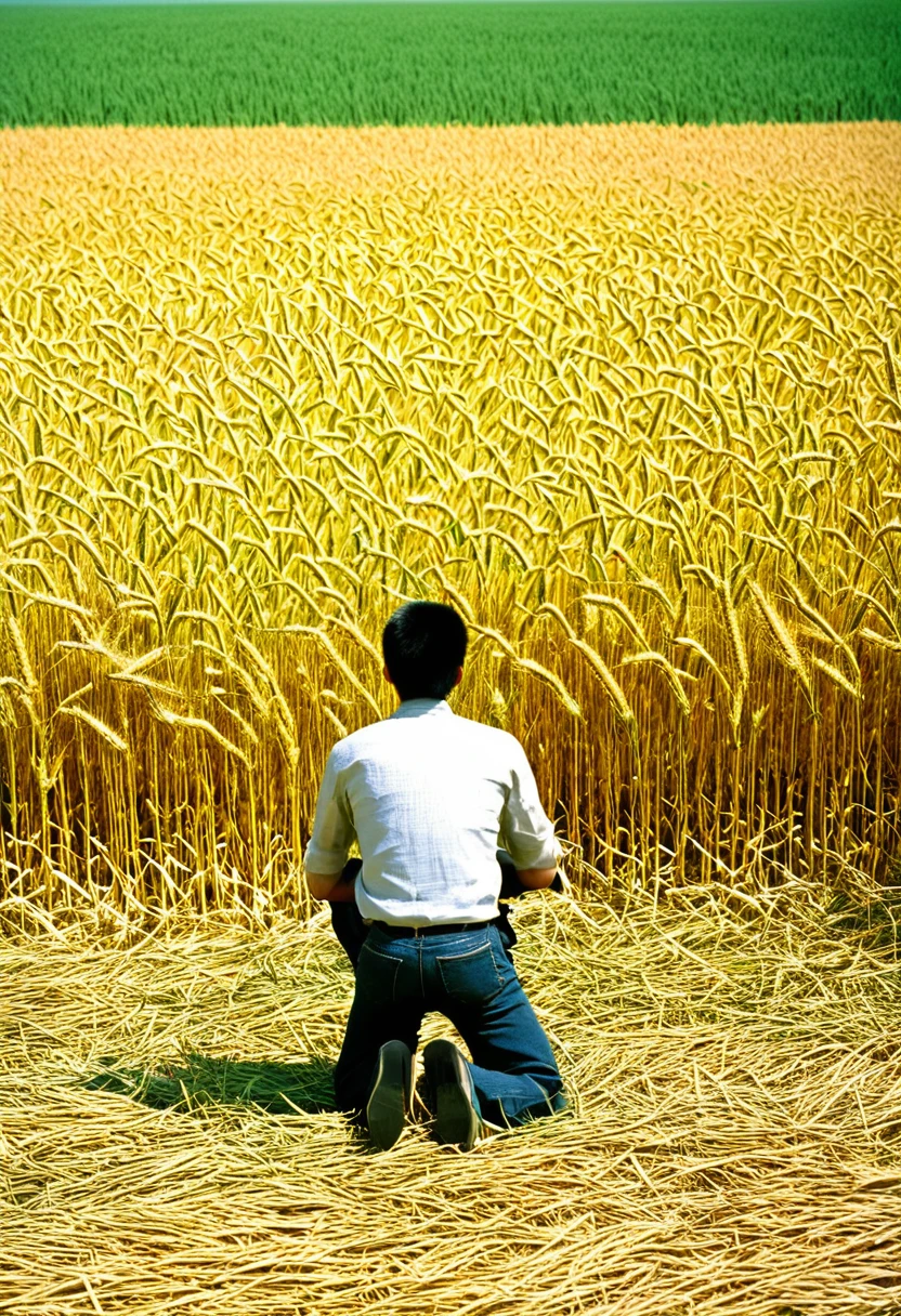 arafed image of a man kneeling in a field of wheat, in a wheat field, sitting in a field, by Li Mei-shu, on the vast wheat fields, by Ju Lian, beautiful artwork, breathtaking art, in field high resolution, in a field, by Igor Grabar, bright sunny day, sunday afternoon, beautiful art