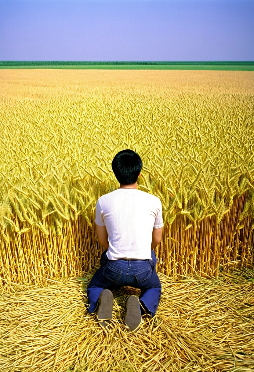 arafed image of a man kneeling in a field of wheat, in a wheat field, sitting in a field, by Li Mei-shu, on the vast wheat fields, by Ju Lian, beautiful artwork, breathtaking art, in field high resolution, in a field, by Igor Grabar, bright sunny day, sunday afternoon, beautiful art