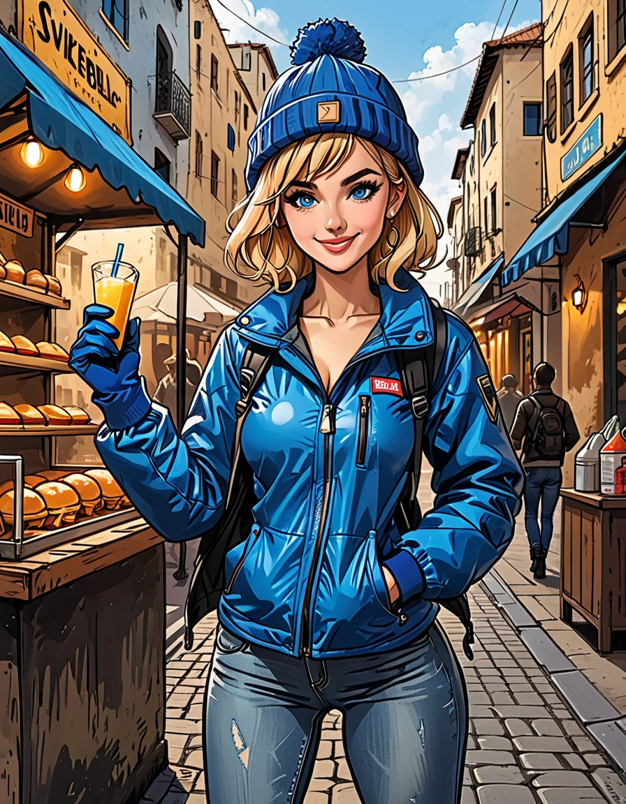 girl at the tropical street, street food,palm, people on the street, smile, fullbody, girl in Blue down jacket and levis (jeans) and blue gloves and black hiking boots and (blue winter hat) in a dynamic pose, adult, [Nordic], Hourglass elongated fitness body, perfect Olive skin, Oval Face, Long neck, Rounded shoulders, perfect hand, Attached Pointed ears, round forehead, (Short blonde Waves pixie hair), snub nose, Arched eyebrows, ((Monolid blue Eyes)), High Round Narrow cheekbones, Dimpled Cheeks, Rounded Chin, Rounded Jawline, Full nude Lips, (blue eyes), Nude Makeup Look, long eyelashes, third breast size, ong slim fitness legs, graphic style of novel comics, perfect hands, 2d, 8k, hyperrealism, masterpiece, high resolution, best quality, ultra-detailed, super realistic, Hyperrealistic art, high-quality, ultra high res, highest detailed, lot of details, Extremely high-resolution details, incredibly lifelike, colourful, soft cinematic light,