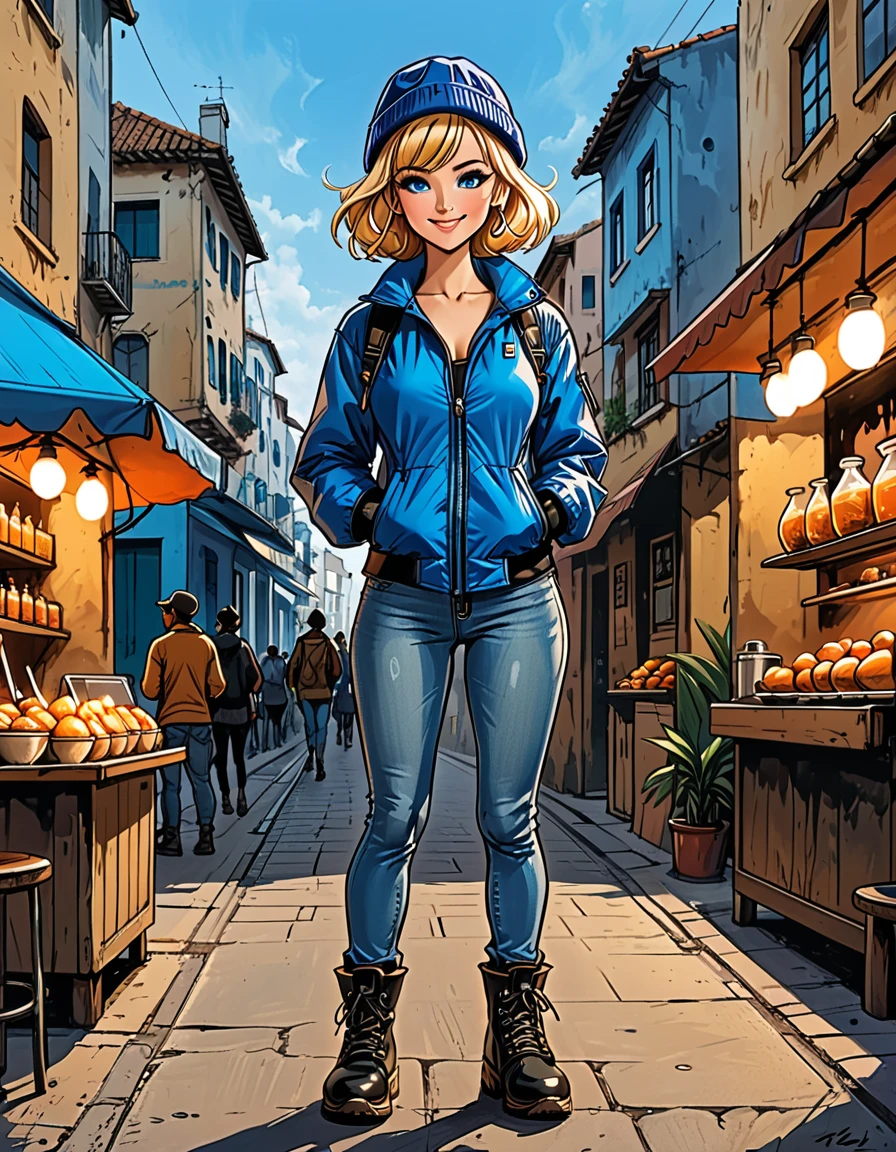 girl at the tropical street, street food,palm, people on the street, smile, fullbody, girl in Blue down jacket and levis (jeans) and blue gloves and black hiking boots and (blue winter hat) in a dynamic pose, adult, [Nordic], Hourglass elongated fitness body, perfect Olive skin, Oval Face, Long neck, Rounded shoulders, perfect hand, Attached Pointed ears, round forehead, (Short blonde Waves pixie hair), snub nose, Arched eyebrows, ((Monolid blue Eyes)), High Round Narrow cheekbones, Dimpled Cheeks, Rounded Chin, Rounded Jawline, Full nude Lips, (blue eyes), Nude Makeup Look, long eyelashes, third breast size, ong slim fitness legs, graphic style of novel comics, perfect hands, 2d, 8k, hyperrealism, masterpiece, high resolution, best quality, ultra-detailed, super realistic, Hyperrealistic art, high-quality, ultra high res, highest detailed, lot of details, Extremely high-resolution details, incredibly lifelike, colourful, soft cinematic light,