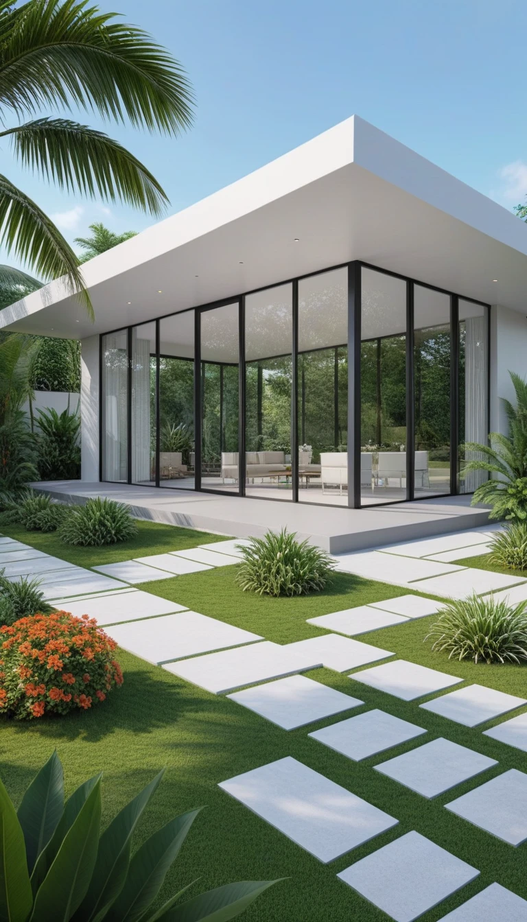 A hyper-realistic image of a modern one-story house with a minimalist design, featuring a combination of white and glass materials. The house has a flat roof, large floor-to-ceiling glass windows, and a spacious front yard. The garden includes various tropical plants and trees. house as the showroom mini