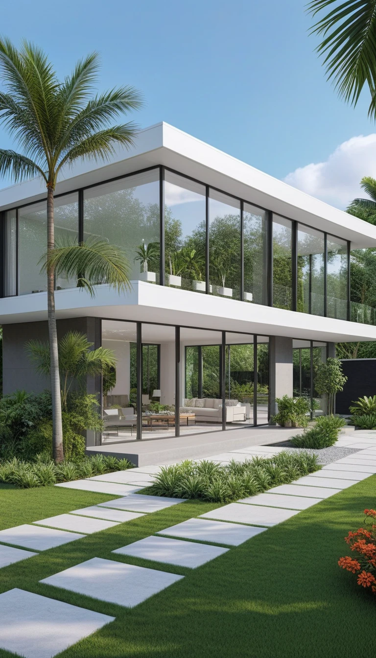 A hyper-realistic image of a modern one-story house with a minimalist design, featuring a combination of white and glass materials. The house has a flat roof, large floor-to-ceiling glass windows, and a spacious front yard. The garden includes various tropical plants and trees. house as the showroom mini