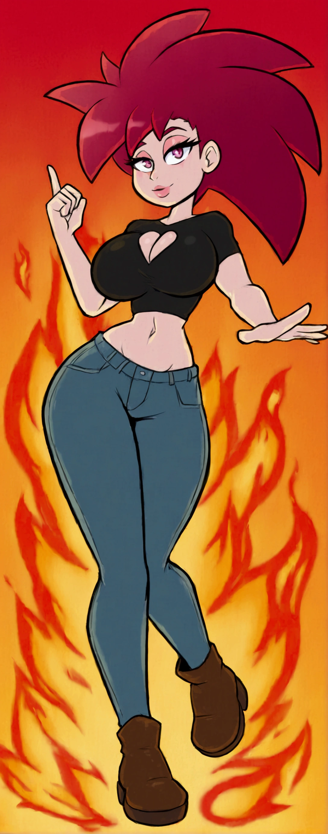A sexy girl, beautiful action, big breast, dark red hair, cut her eye, pink eyelash, fire red, wears black top, short sleeves, shows navel, sexy curve, and a pair of denim pants, brown shoes.