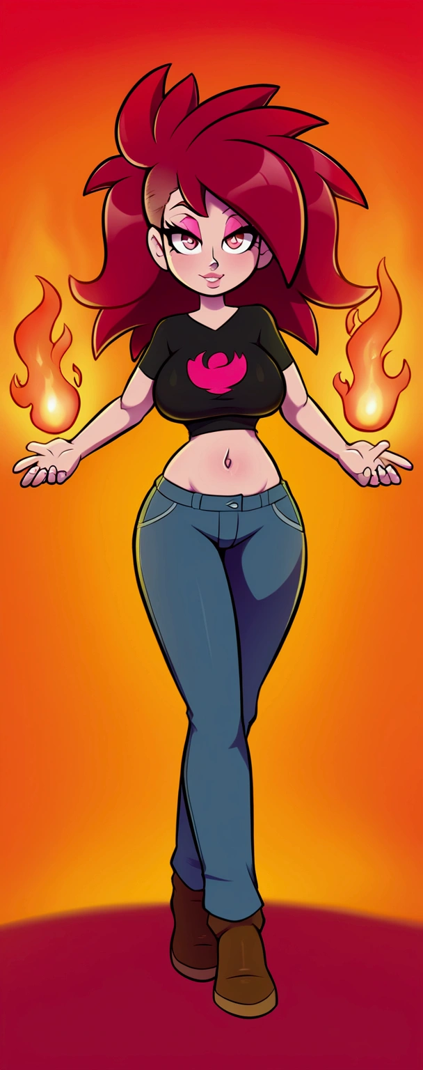 A sexy girl, beautiful action, big breast, dark red hair, cut her eye, pink eyelash, fire red, wears black top, short sleeves, shows navel, sexy curve, and a pair of denim pants, brown shoes.