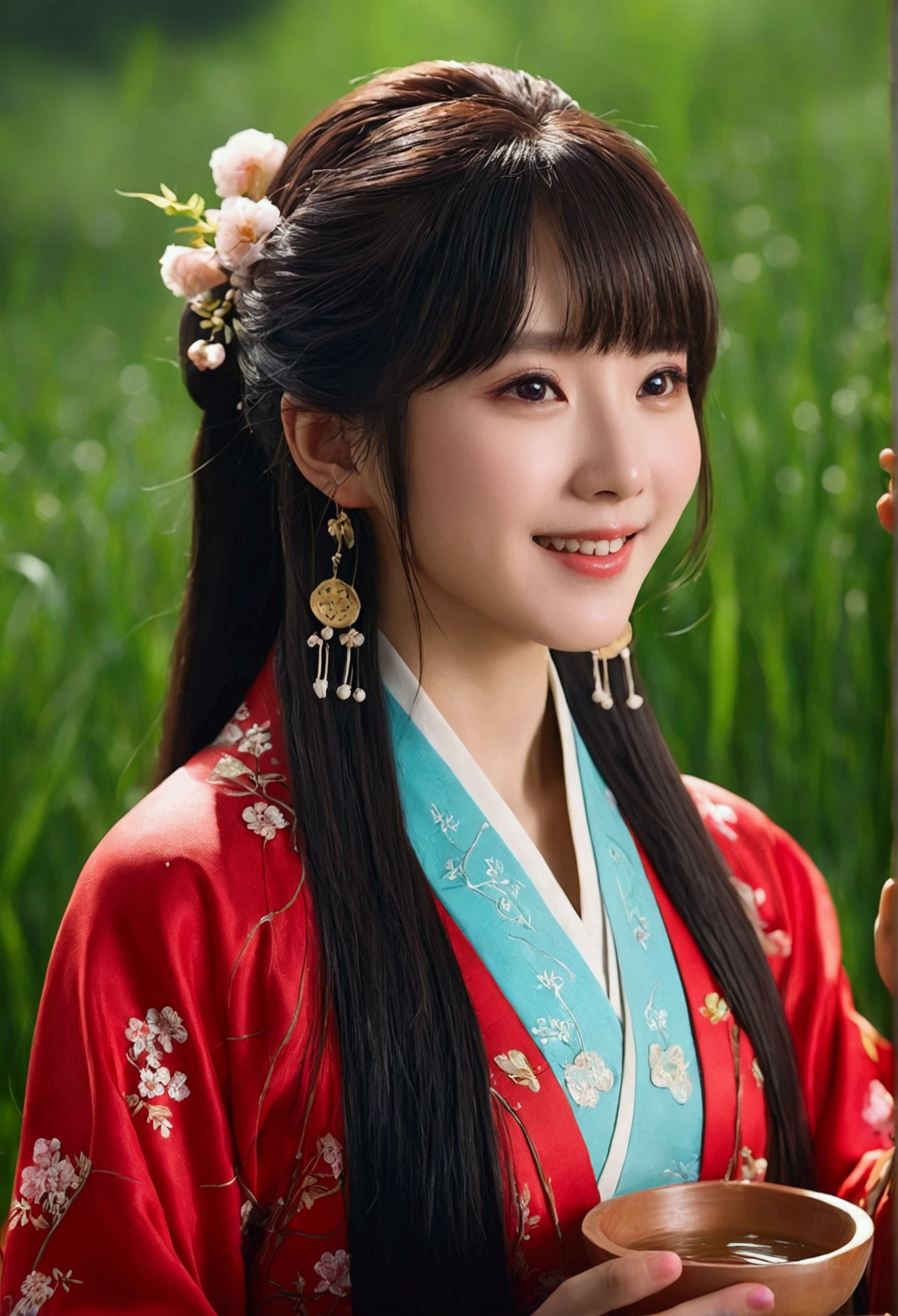 "the Extremely Detailed CG Unity 8K Wallpapers,tmasterpiece,Best picture quality,【😊Colored Forest,depth of fields,A large number of splashed droplets:1.2,petals,Toys surround,ventania,Foliage,grassy fields,volumettic light】brunette color hair,chineseidol,Be red in the face,Hanfu,ssmile,Half of your body is in water,Chinese style Hanfu,Air bangs,drinking water