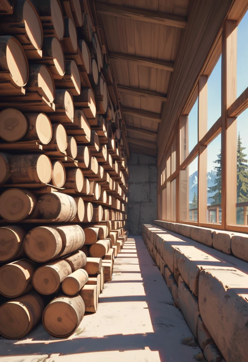 style 9,  a clearing of log cabins enclosed by a huge concrete wall