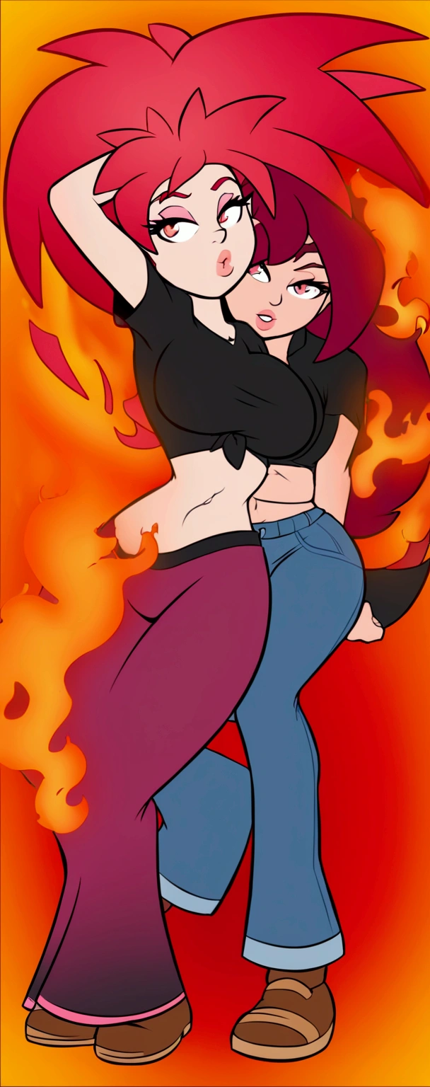 A sexy girl, beautiful action, big breast, dark red hair, cut her eye, pink eyelash, fire red, wears black top, short sleeves, shows navel, sexy curve, and a pair of denim pants, brown shoes.