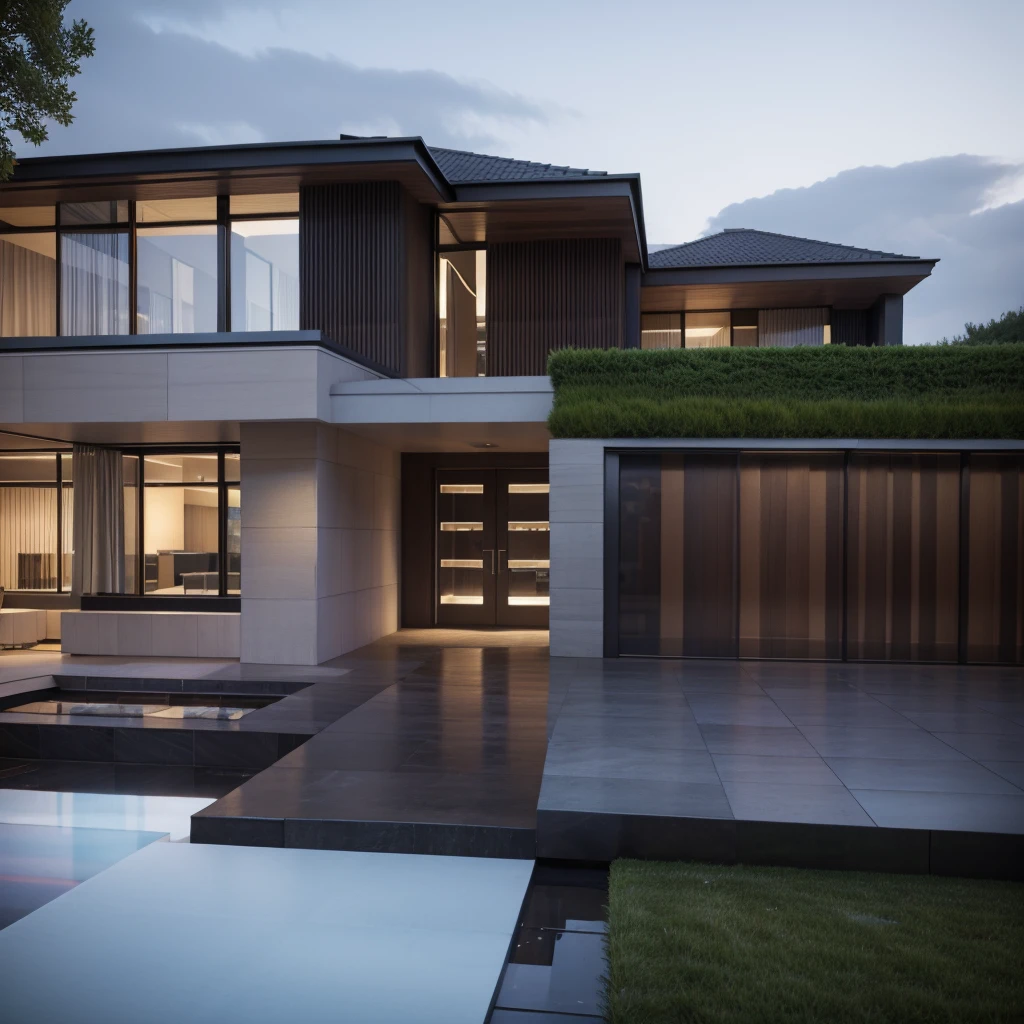 RAW photo , a double storey house on street in Sydney Australia, garage, pitch roof, roof tiles, front yard garden, landscape design, natural light, clear sky, blue background, high resolution photography, architectural photography, architectural appearance. The building has square windows made from white ceramic tiles, while the walls feature grid designs, architectural photography, road, sidewalk, sidewalk trees, 8k uhd, dslr, soft lighting, high quality, film grain, Fujifilm XT3