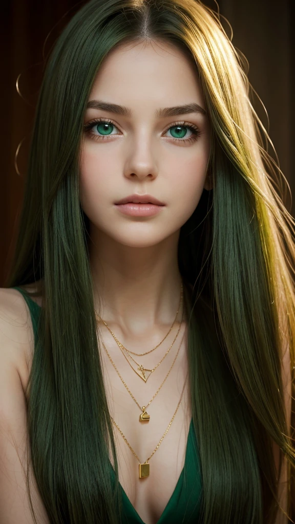 a girl.  face sent feeling.  Europe.  Oval face.  long face.  delicate facial features.  sad eyes.  seductively seductive.  green eyes.  long straight hair.  bouncy hair.  green hair like.  gold necklace around neck.  shy expression