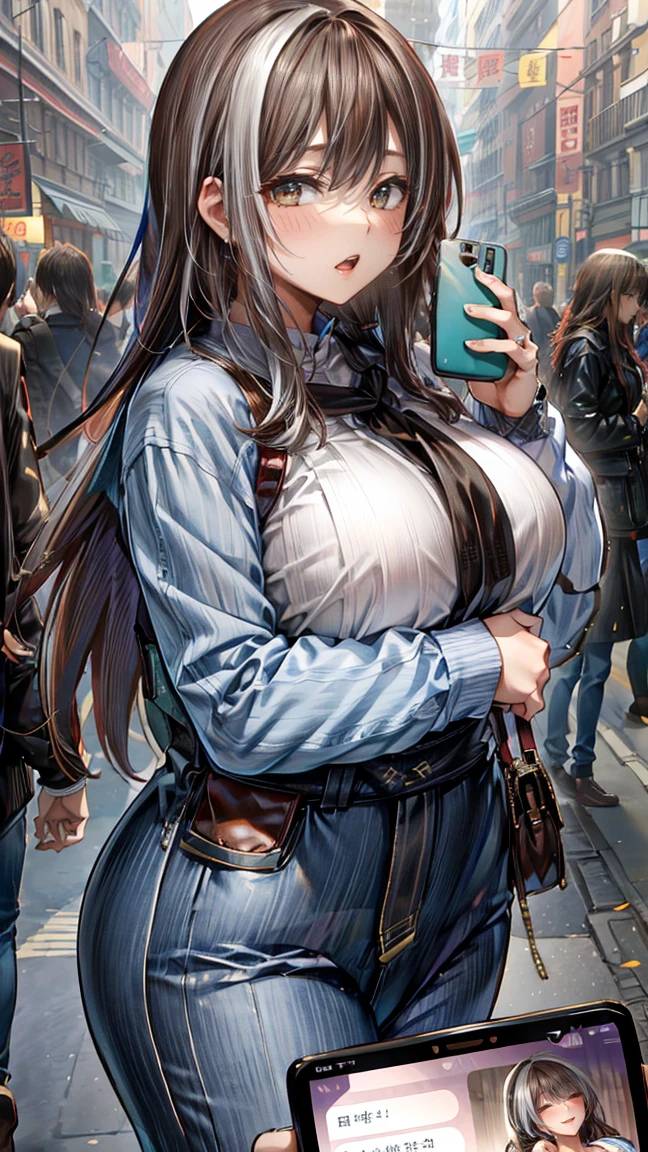A phototure_Compare,huge ,(Mature woman:1),Dark brown hair,Long white hair,Telephone,携帯Telephone,cell phone,Handheld,photo、Dating、Casual wear、tinder　cell phone画面はスケベな衣装