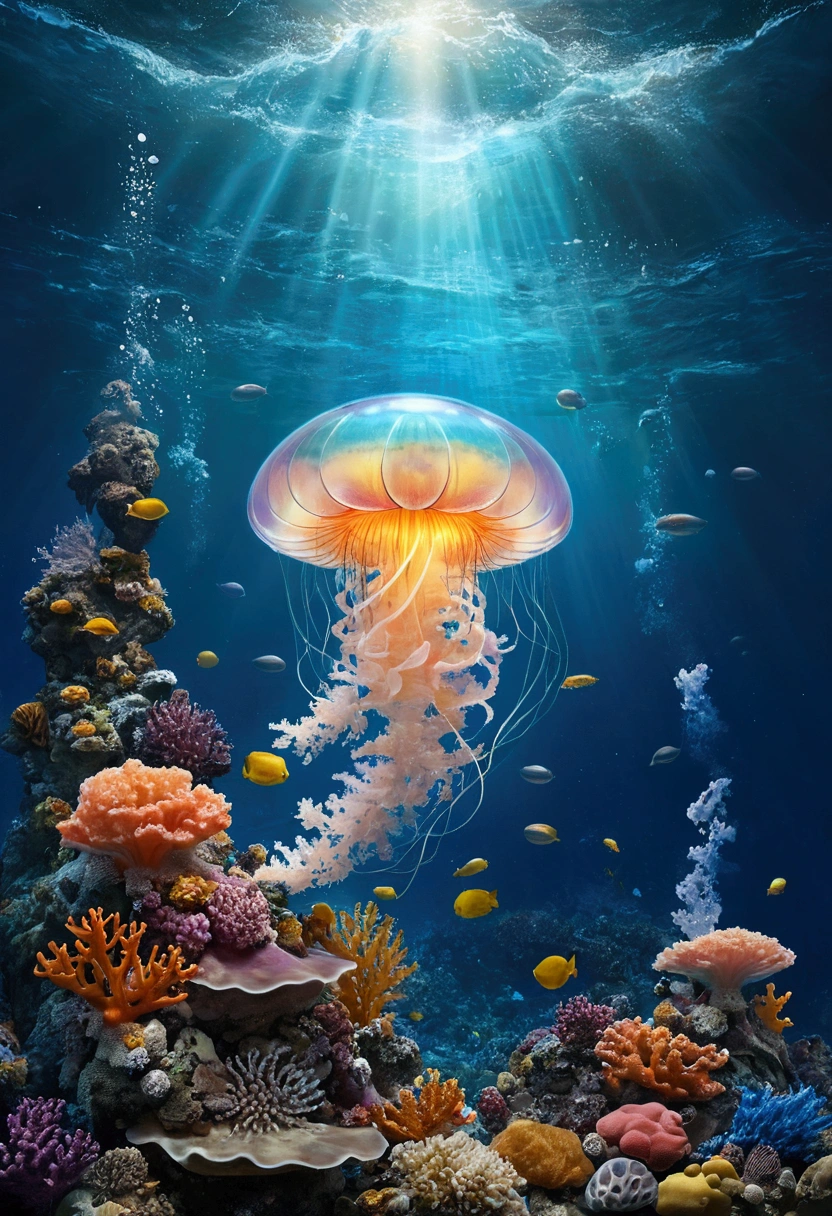 (masterpiece)、(Highest quality)、Very detailed、(In the water:1.4)、Ocean、Coral Reef、Light、Bubble、jellyfish、Oceanの藻、(深Ocean:1.4)、Fantasy、Ocean底、Floating objects