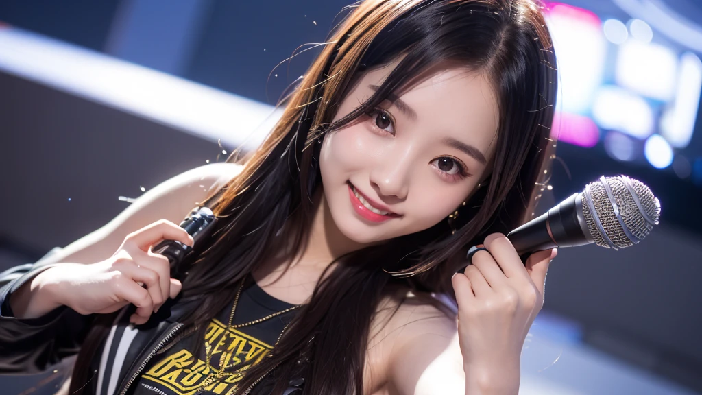 Singing rap alone、A cute smiling 20-year-old girl、Rock clothes、Physiologically correct body, Blur the background
