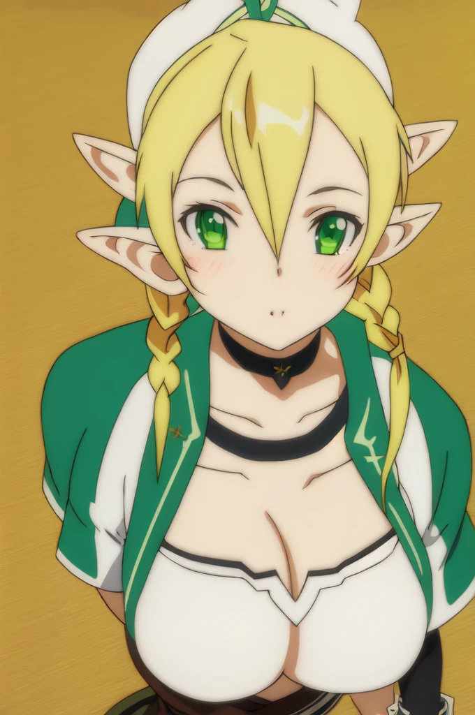 leafa, anime art style, 1girl, solo, long_hair, breasts, blonde_hair, cleavage, medium_breasts, green_eyes, upper_body, ponytail, braid, choker, pointy_ears, twin_braids, elf, side_braid, blush, shiny skin, cleavage, masterpiece, from above, looking at viewer, downblouse, sitting at bench